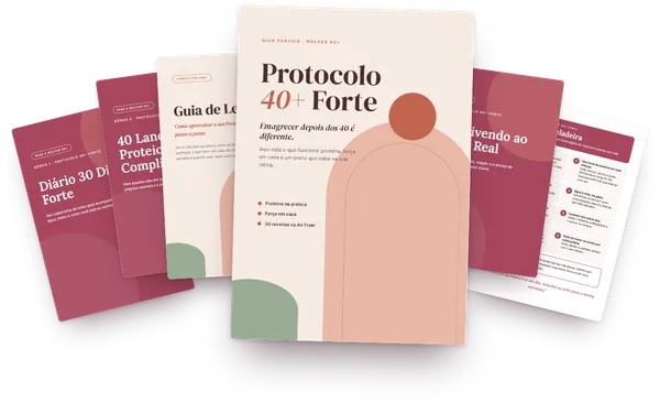 O e-book Protocolo 40+ Forte, o Guia de Leitura e os bônus Diário 30 Dias Forte, 40 Lanches Proteicos, Sobrevivendo ao Mundo Real e Cola da Geladeira