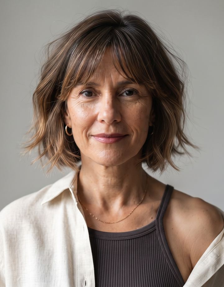Mulher de cerca de 50 anos, cabelo na altura do queixo, sorrindo de leve