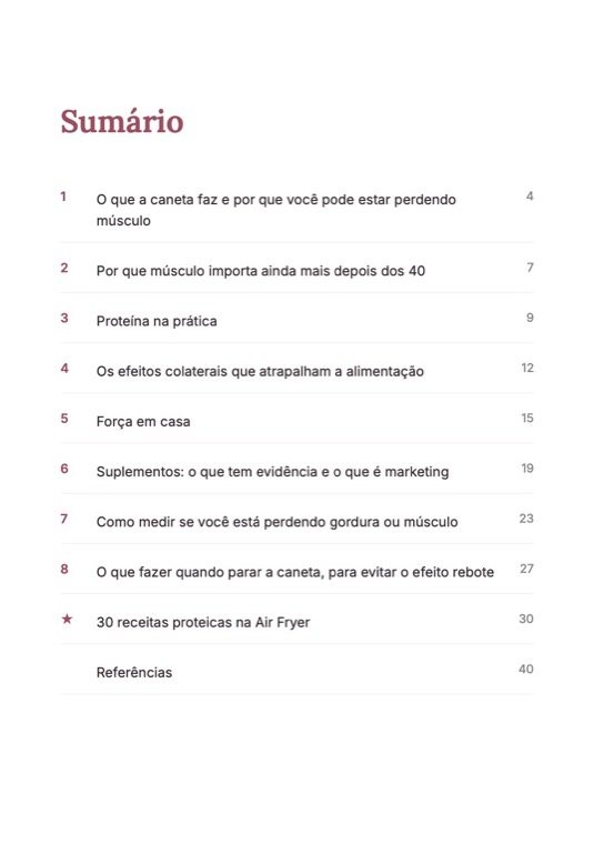 Sumário do e-book com os 8 capítulos e as 30 receitas